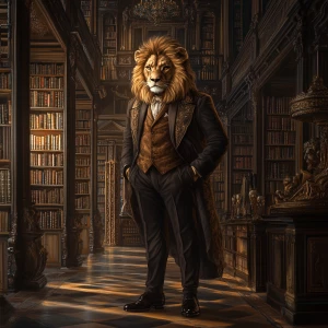 Digital painting. An anthropomorphic lion, dressed in a tailored...