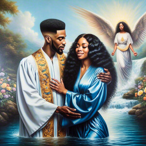 An oil painting depicting a light-skinned African-American pasto...