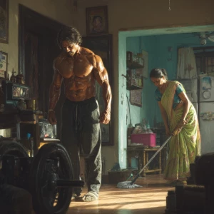 Hyperrealism digital painting ,a indian muscular beefy sweaty...