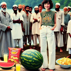 create a film snapshot from 1972 of dozens of dour men standing...