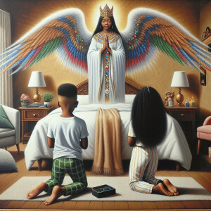 An oil painting of two African-American children with dark skin,...