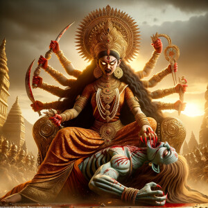 portrait of angry looking goddess durga sitting on a gold crown and carrying a weak mahishasur on her lap and poking him with her amazingly long red fingernails. She is covered in blood. The scene is set in ancient India. The image is 8K resolution, cinematic, photography, ultra detailed face and epic.