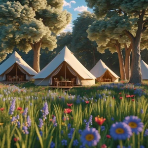 Glamping Bell Tents for party outside in a field of wild flowers...