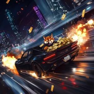MEME DOGE driving a black muscle sports car, trunk overflowing...
