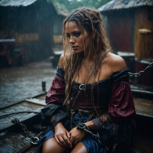 A drenched Wench chained to a block at a pirate hideaway on a ra...