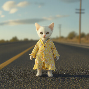 A white kitten wearing a yellow floral patterned nightgown is st...
