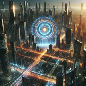 "A sprawling futuristic cityscape is depicted in the image, feat...