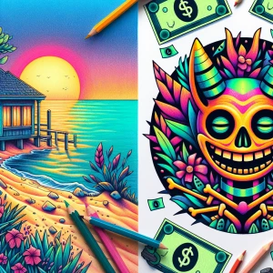 Design a cartoon-style circular logo featuring a cheeky demon we...