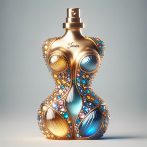 Create a 3-D realistic gold and blue, colorful jewels perfume b...