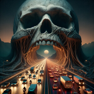 A serpentine highway, dense with rows of cars, trucks, and motor...