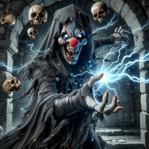 A sinister female grim reaper clown, with grotesque makeup and t...