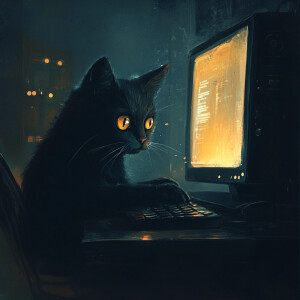 black cat using a pc