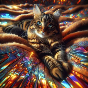 "Photorealistic digital photograph of a tabby cat lounging on a soft, plush surface, bathed in vibrant, multicolored light reflections. The image is vertical, taken from a slightly elevated angle, emphasizing the cat’s relaxed pose. The cat has detailed fur with warm brown, black, and tan hues, and its green eyes stand out against the psychedelic rainbow lighting. The background features abstract, kaleidoscopic patterns in blue, orange, red, and yellow, created by light refractions on the fabric beneath the cat. The texture of the blanket is smooth and slightly reflective, capturing the scattered light beautifully. The mood of the image is surreal yet cozy, with a dreamlike glow highlighting the contours of the cat’s face and body. The overall color palette is rich and dynamic, dominated by neon-like reflections. Image quality is high-resolution with crisp details, realistic fur texture, and a soft depth of field focusing on the cat while the background remains artistically blurred', ultra-detailed, ultra-realistic, masterpiece, HDR, 8K resolution