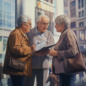Create a hyper realistic photo that depicts senior citizens aski...