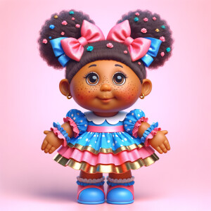 Design a 3-D realistic original African-American Cabbage Patch doll. She has on a blue pink and gold dress with matching booties. She has pink and blue bows in her hair. she lives inside of a colorful dollhouse. She has freckles and big dimples.