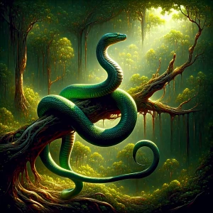 A vibrant green snake coiled around a tree branch in a dense rai...
