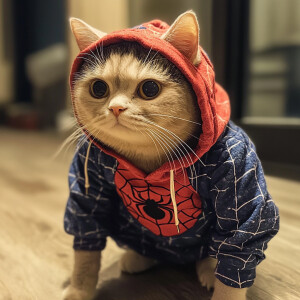 Cat wearing Spiderman clothes