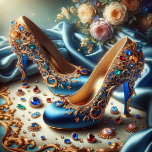 Imagine a pair of enchanting shoes, each a mirror image of the other, placed gracefully upon a regal surface. They are bathed in the soft, diffuse light that casts gentle reflections upon their silk fabric. These shoes are no ordinary footwear; they are a masterpiece of vibrant royal blue, adorned with ornate golden filigree and a multitude of glittering jewels in various hues—rubies, sapphires, emeralds, and delicate pink diamonds. Each shoe boasts an elegant, curved heel in a matching vivid blue, with tiny red and blue gems accenting the base. The shoes are positioned against a backdrop of soft-focus flowers, their pastel colors complementing the rich tones of the shoes, with hints of gold framing providing a touch of opulence. This image captures the essence of a fairy tale brought to life, a visual symphony of color and splendor.