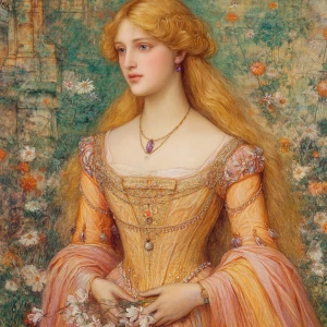 A renaissance painting depicts a woman with long, flowing golden...