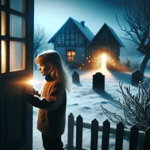 A girl with blonde hair opens the door of the house, at night in...
