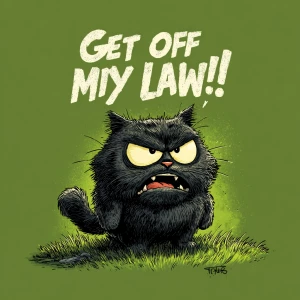 A grumpy cartoon-style cat standing on a lawn, fur fluffed up, o...