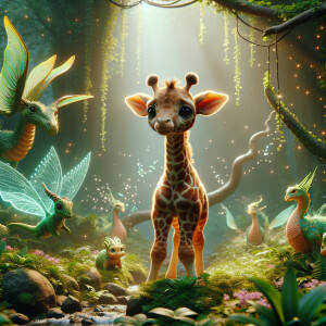 Create an image of a realistic art of the cute baby giraffe in a...