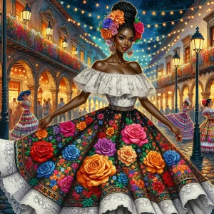 A detailed digital watercolor  illustration of a beautiful Afro Latina woman in a vibrant traditional Mexican folkloric dress dances gracefully in a lively, festive street. The dress has an off-shoulder white lace top and a voluminous, multicolored skirt adorned with intricate floral embroidery, bold roses, & detailed patterns. Her dark hair is elegantly styled in an updo, decorated with bright flowers matching her dress. Background showcases a picturesque colonial-style town illuminated by warm, glowing lanterns & string lights. The cobblestone street is lined with flower-filled balconies & lampposts, with people enjoying the festive atmosphere. The setting exudes a magical, celebratory ambiance, rich in color & culture.