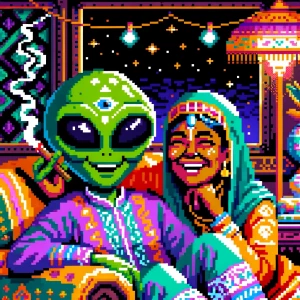 "Create a whimsical image of an alien with vibrant green skin an...