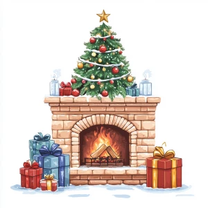 New Year's fireplace with a tree and gifts in carton style