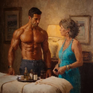 Realism photo painting, a muscular Russian man in his beach hote...