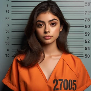 Young female prisoner posing for a mugshot wearing neon orange p...