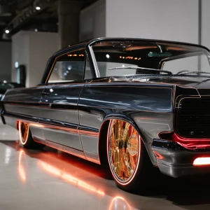 A stunning 64 Chevy impala on Dayton 100 spoke 20 inch gold rims...