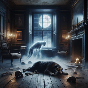 Old room filled with darkness, old skinny black bulldog lies on...