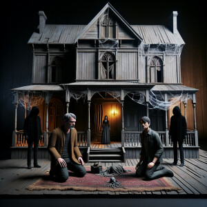 Two men and one woman are in a gloomy, old, dirty house at night