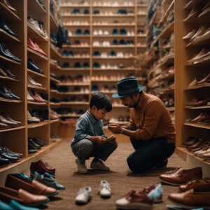 A father and son looking for little girl shoes for their daughte...