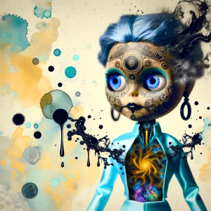 glitch watercolor digital art. gold acrylic painting of an urban...