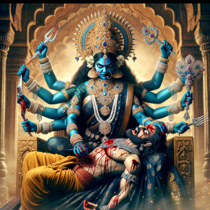 portrait of angry looking, four-armed indian goddess blue skinned sitting on a gold crown and carrying a weak mahishasur on her lap and poking his abdomen with her amazingly long red fingernails . She is wearing diamond armor, a huge diamond crown, black saree, abundant  diamond jewelry, covered in blood. The scene is set in ancient India. The image is 8K resolution, cinematic, photography, ultra detailed face and epic.