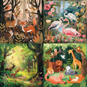 Stwórz obraz w formie kolorowanki, przedstawiający leśną scenę z...