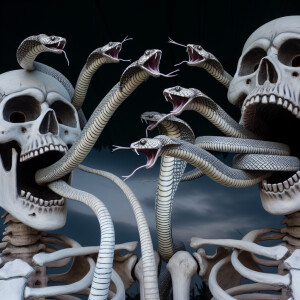 Snakes flying out the mouth of skeletons