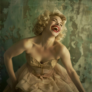 A woman resembling Marilyn Monroe joyfully throws her head back...