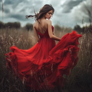 A woman wear red dress