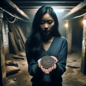 The girl stands in a dark gloomy old basement and finds a medall...