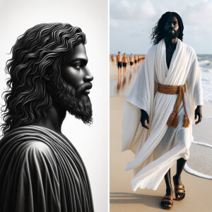 Create an image that combines two depictions of Jesus as an Afri...