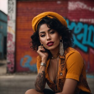 Create an image featuring a Latina woman with a "smile now, cry...