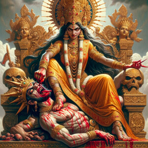 portrait of angry looking indian goddess sitting on a gold crown and carrying a weak mahishasur on her lap and poking him with her amazingly long red fingernails. She is wearing gold armor, a huge gold crown, gold saree, abundant  gold jewelry, covered in blood. The scene is set in ancient India. The image is 8K resolution, cinematic, photography, ultra detailed face and epic.