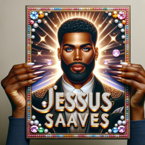 A 3D realistic artwork featuring the phrase 'Jesus Saves' adorne...