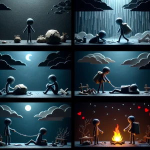 .
🌑 Scene 1: The Fall
Backdrop: Dark, textured background (...
