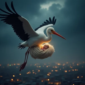 "High above the sleeping city, a colossal stork glides through t...