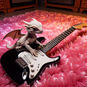 A baby dragon playing the electric guitar on a pink shag carpet.