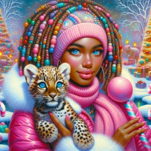 vibrant winter scene featuring a stylish young Afro Latina woman...